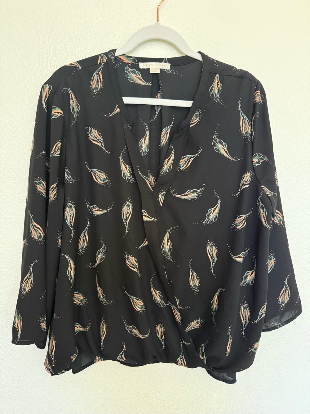 cooper & ella Black Printed Wrap Blouse with Teal and Peach Motif